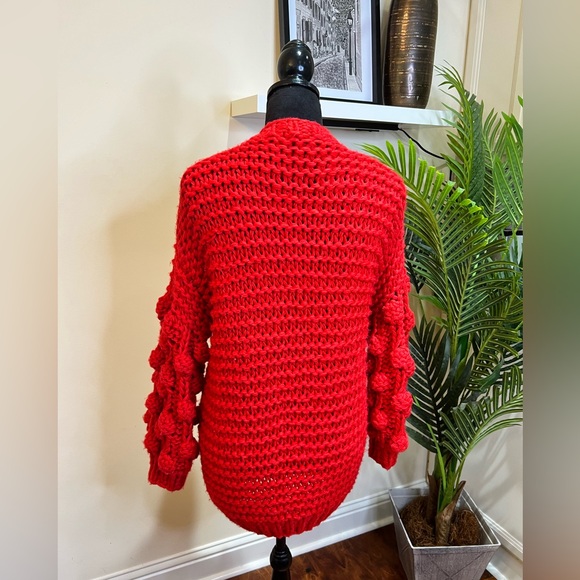 Nasty Gal Red Pom Pom Red Chunky Knit Open Front Cardigan Medium - Picture 8 of 8